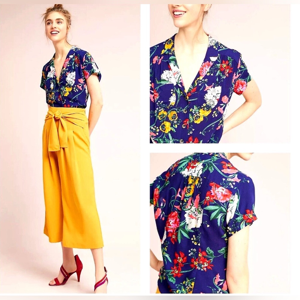 Maeve Floral Short-Sleeve Button-Down Shirt in Navy and Multicolor